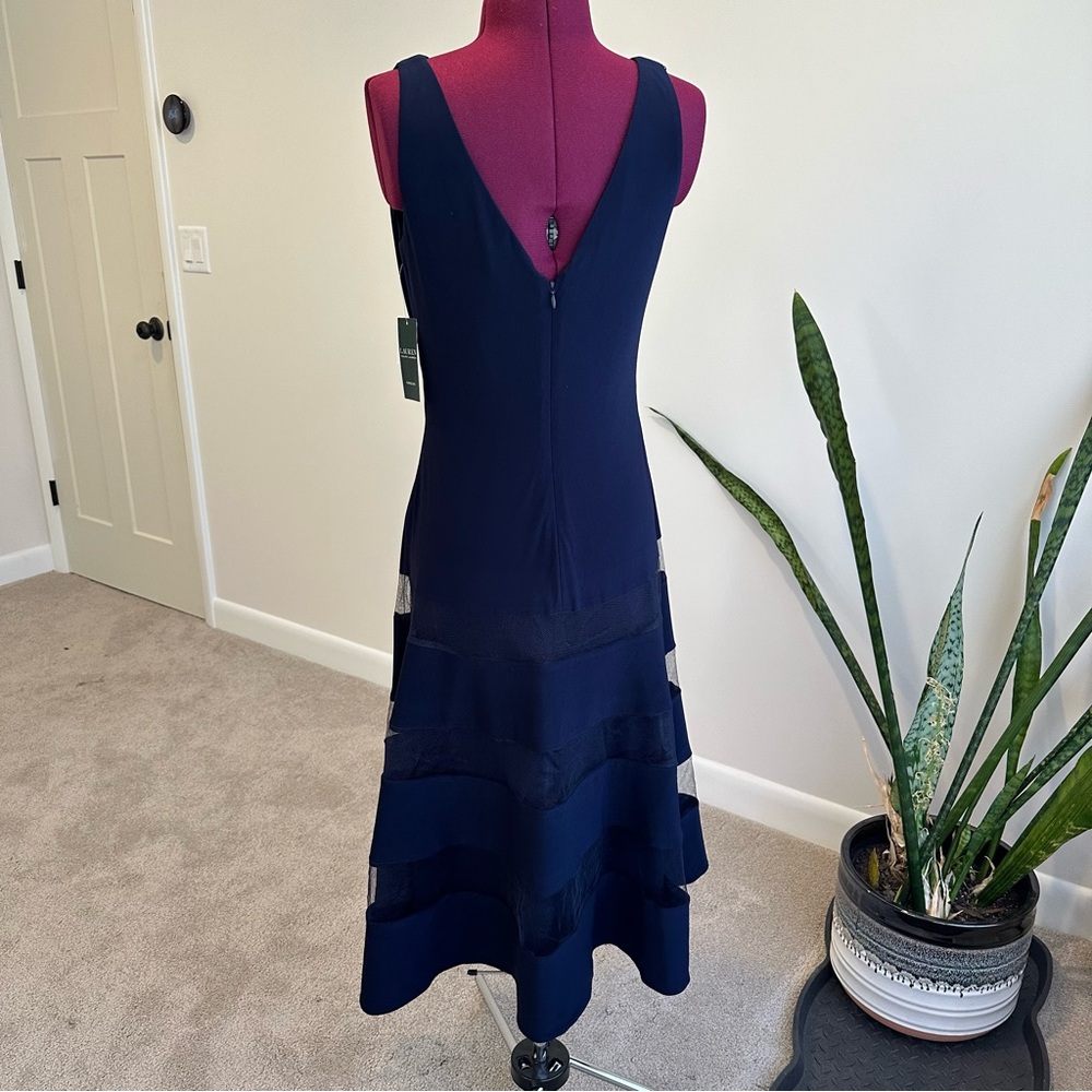 NWT Ralph Lauren Navy Blue Sleeveless Ruched tulle panel a-line Dress - Picture 7 of 12